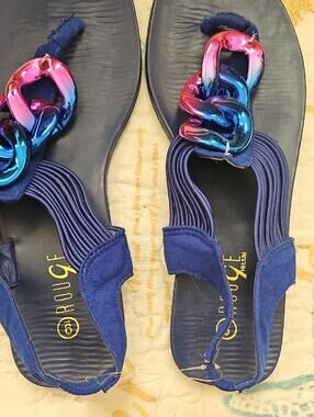Rouge Helium Women's Navy Blue Slingback Sandals & Iridescent Chain Accent SZ 9